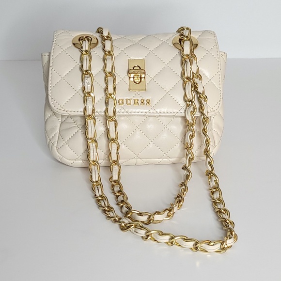 Guess Handbags - GUESS Ivory + Gold Quilted Leather Mini Purse EUC